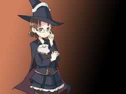 Rule 34 | 10s, 1girl, adjusting eyewear, alternate breast size, black dress, brown background, brown eyes, brown hair, cape, dress, flat chest, glasses, gradient background, hat, kantai collection, pantyhose, roma (kancolle), sixten, solo, witch hat