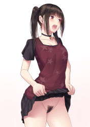 Rule 34 | 1girl, bad id, bad pixiv id, black hair, black skirt, blush, bottomless, choker, clothes lift, collarbone, cowboy shot, cross, ese shinshi, eyebrows, female pubic hair, lifted by self, looking away, no panties, open mouth, original, ponytail, pubic hair, red eyes, shirt, short sleeves, simple background, skirt, skirt lift, solo, standing, star (symbol), t thekey, teeth, twintails, white background