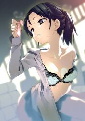 Rule 34 | 1girl, black eyes, black hair, blue bra, bra, breasts, cleavage, collarbone, collared shirt, commentary request, condom, dress shirt, highres, indoors, kamizuki shiki, long sleeves, medium breasts, open clothes, open shirt, original, parted lips, ponytail, school uniform, shirt, skirt, solo, sweat, unbuttoned, unbuttoned shirt, underwear, used condom