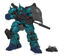 Rule 34 | commentary, english commentary, glowing, glowing eye, gun, gundam, gundam unicorn, holding, holding gun, holding weapon, looking to the side, mecha, military, military vehicle, motor vehicle, one-eyed, red eyes, rickyryan, rifle, robot, shield, size comparison, sniper rifle, solo, standing, tank, weapon, zaku i sniper type, zeon
