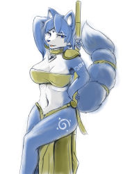 Rule 34 | 1girl, animal ear fluff, animal ears, animal nose, arm behind back, arm tattoo, arm up, armor, bandeau, blue eyes, blue fur, blue hair, body fur, breasts, choker, circlet, female focus, fox ears, fox girl, fox tail, furry, furry female, half-closed eyes, happy, highres, holding, holding polearm, holding weapon, jewelry, krystal, large breasts, leg tattoo, loincloth, looking at viewer, navel, necklace, nintendo, open mouth, polearm, short hair, shoulder armor, sidelocks, simple background, sketch, smile, snout, solo, spear, standing, star fox, stomach, tail, tattoo, treyer, two-tone fur, weapon, white background, white fur, yellow bandeau, yellow choker