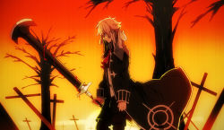 1boy black_coat black_pants blonde_hair blue_eyes charles-henri_sanson_(fate) coat ascot cross eiku fate/grand_order fate_(series) holding holding_sword holding_weapon long_hair male_focus necktie pants red_neckwear sanson_(fate/grand_order) shirt short_hair solo sunset sword tree weapon white_hair white_shirt