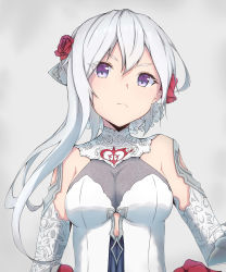 Rule 34 | 1girl, asymmetrical hair, blue eyes, breasts, closed mouth, dress, elbow gloves, flower, gloves, grey hair, hair between eyes, hair flower, hair ornament, halterneck, highres, long hair, looking at viewer, medium breasts, ponta (velmar), red flower, sinoalice, snow white (sinoalice), solo, upper body, white dress