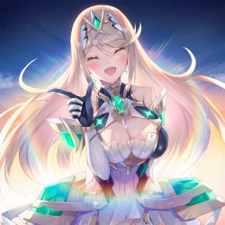 Rule 34 | 1girl, armor, bare shoulders, blonde hair, blush, breasts, chest jewel, cleavage, cleavage cutout, closed eyes, clothing cutout, dress, earrings, elbow gloves, faulds, gloves, highres, index finger raised, inoue takuya (tactactak), jewelry, large breasts, long hair, looking at viewer, mythra (xenoblade), nintendo, open mouth, pointing, short dress, sky, smile, solo, sunlight, swept bangs, tiara, white dress, white gloves, xenoblade chronicles (series), xenoblade chronicles 2