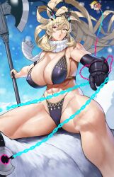 Rule 34 | 1girl, abs, absurdres, axe, bare shoulders, battle axe, bear, biceps, bikini, black bikini, blonde hair, breasts, chain, cleavage, covered erect nipples, curvy, barghest (fate), fairy knight gawain (ice warrior) (fate), fate/grand order, fate (series), gauntlets, green eyes, heterochromia, highleg, highleg bikini, highres, horns, large breasts, long hair, looking to the side, muscular, muscular female, navel, orion (bear) (fate), parted lips, polar bear, ponytail, red eyes, revision, riding, scarf, single gauntlet, snow, snowing, stuffed animal, stuffed toy, swimsuit, teddy bear, thick thighs, thighs, weapon, white scarf, yoshio (55level)