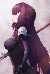 Rule 34 | 1girl, armor, bodysuit, breasts, closed mouth, fate/grand order, fate (series), gae bolg (fate), hair between eyes, hair intakes, hand on own hip, highres, kamo ashi, large breasts, long hair, pauldrons, polearm, profile, purple bodysuit, purple hair, red eyes, scathach (fate), shoulder armor, spear, weapon