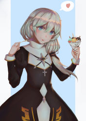 Rule 34 | 1girl, :p, absurdres, blue background, blue eyes, closed mouth, cutye, food, glass, hair between eyes, heart, highres, holding, honkai (series), honkai impact 3rd, ice cream, long hair, looking at viewer, nun, side ponytail, solo, speech bubble, spoon, sundae, theresa apocalypse, theresa apocalypse (valkyrie pledge), tongue, tongue out, white background, white hair