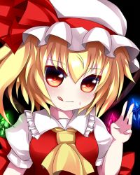 Rule 34 | 1girl, :q, amenomurakumo26, ascot, bad id, bad pixiv id, black background, blonde hair, blouse, blush, bow, breasts, collared shirt, facing viewer, flandre scarlet, frilled hat, frilled shirt, frills, hair between eyes, hat, hat bow, hat ribbon, highres, large bow, looking at viewer, mob cap, puffy sleeves, red eyes, ribbon, shirona (amenomurakumo26), shirt, short sleeves, side ponytail, simple background, small breasts, smile, solo, sweat, tongue, tongue out, touhou, upper body, waving, wings