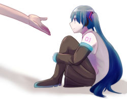 Rule 34 | 1girl, 1other, bare shoulders, black skirt, black thighhighs, blue hair, closed mouth, collared shirt, commentary request, dress shirt, expressionless, full body, grey shirt, hatsune miku, long hair, looking up, number tattoo, pleated skirt, profile, shadow, shirt, shoulder tattoo, simple background, sitting, skirt, sleeveless, sleeveless shirt, tagme, tattoo, thighhighs, vocaloid, white background, yu rua