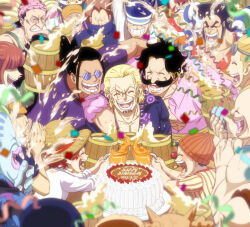 Rule 34 | alcohol, beer, beer can, birthday cake, buggy the clown, cake, can, crocus, drink can, food, glasses, gol d. roger, hat, highres, kouzuki oden, male focus, musasabiop, oda eiichirou (style), one piece, party, scopper gaban, shanks (one piece), silvers rayleigh, smile, straw hat