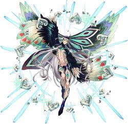 Rule 34 | 1boy, absurdres, ahoge, arm up, black hair, eyeshadow, fabulous, fate/grand order, fate (series), feathers, forehead jewel, full body, gem, highres, kagio (muinyakurumi), long hair, looking at viewer, makeup, male focus, multicolored hair, shi huang di (fate), red eyes, simple background, smile, solo, two-tone hair, white background, white hair, wings