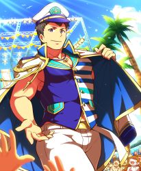 Rule 34 | 1boy, aopanda, bara, black hair, blue vest, closed mouth, cloud, concert, day, hat, highres, idol, idolmaster, idolmaster side-m, jacket, jacket on shoulders, large pectorals, looking at viewer, male focus, military hat, multicolored clothes, multicolored jacket, muscular, muscular male, outdoors, pants, pectorals, purple eyes, shingen seiji, short hair, sky, smile, stage, stage lights, two-tone jacket, two-tone vest, vest, white jacket, white pants, white vest