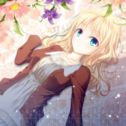 Rule 34 | 1girl, aqua eyes, bad id, bad pixiv id, beige shirt, blonde hair, collarbone, dress, expressionless, flower, jacket, kine-c, long sleeves, looking at viewer, lying, on back, open clothes, open jacket, original, plant, solo, unbuttoned