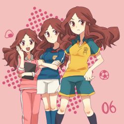 Rule 34 | alternate costume, bad id, bad pixiv id, brown eyes, brown hair, crossed arms, inazuma eleven, inazuma eleven (series), long hair, mkrnsrd, open mouth, raimon natsumi, soccer uniform, sportswear, track suit