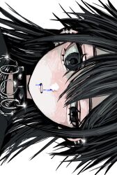 Rule 34 | 1girl, black collar, black eyes, black hair, black shirt, blood, blood from mouth, blue blood, chain, chain necklace, collar, commentary, hair between eyes, half-closed eye, highres, jewelry, long bangs, long hair, looking at viewer, necklace, nosebleed, original, parted lips, portrait, shirt, sideways, simple background, solo, straight-on, urokogaran, white background