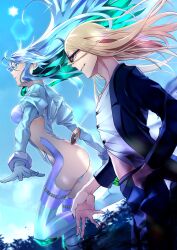 Rule 34 | 1boy, 1girl, absurdres, ass, aztec, black jacket, black nails, blonde hair, blue hair, breasts, cigarette, coat, colored inner hair, cropped jacket, crystal hair, fate/grand order, fate (series), flapper shirt, gloves, gold necklace, green eyes, green hair, highres, holding, holding cigarette, jacket, jewelry, juliet sleeves, kukulkan (fate), kukulkan (second ascension) (fate), large breasts, leotard, light blue hair, long hair, long sleeves, medallion, mexican clothes, midriff peek, morita yuu, multicolored hair, necklace, open clothes, open jacket, puffy sleeves, shirt, shrug (clothing), sideless outfit, sidelocks, smile, sunglasses, tezcatlipoca (fate), thighs, trench coat, white jacket, white leotard, white shirt