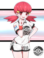 Rule 34 | 1girl, :d, absurdres, alternate costume, blush, breasts, creatures (company), game freak, hand on own hip, hand up, highres, jersey, looking at viewer, nintendo, open mouth, poke ball print, pokemon, pokemon hgss, pokemon swsh, print shirt, red eyes, red hair, shabana may, shirt, short shorts, short sleeves, shorts, smile, solo, sportswear, twintails, uniform number, white shirt, white shorts, whitney (pokemon)