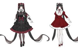 Rule 34 | 1girl, absurdly long hair, black dress, black footwear, black hair, black pantyhose, blunt bangs, bow, breasts, closed mouth, collared dress, corset, cross, dress, frilled dress, frills, full body, gothic lolita, gradient hair, grey ribbon, hair bow, hair ribbon, hairband, highres, juliet sleeves, karamazov (untitled nyalra anime), lolita fashion, lolita hairband, long hair, long sleeves, looking at viewer, multicolored hair, neck ribbon, official art, ohisashiburi, pantyhose, puffy long sleeves, puffy sleeves, red bow, red dress, red eyes, red footwear, red hair, red ribbon, ribbon, second-party source, shoes, simple background, small breasts, standing, twintails, untitled nyalra anime, variations, very long hair, white background, white pantyhose