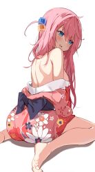 Rule 34 | 1girl, ass, bare back, bare shoulders, barefoot, blue eyes, blush, bocchi the rock!, breasts, cube hair ornament, feet, floral print, foot out of frame, gotoh hitori, hair between eyes, hair ornament, highres, japanese clothes, kimono, legs, long hair, medium breasts, obi, open mouth, orobou, pink kimono, print kimono, sash, simple background, smile, solo, toes, white background, yukata