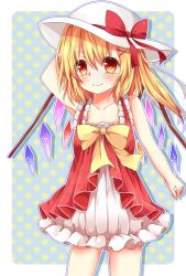 Rule 34 | 1girl, alternate costume, arm behind head, arm up, bare arms, blonde hair, blush, bow, dress, female focus, flandre scarlet, hair ribbon, hat, hat bow, layered dress, multicolored clothes, multicolored dress, red dress, red eyes, red skirt, ribbon, side ponytail, skirt, sleeveless, sleeveless dress, smile, solo, sun hat, touhou, white dress, white skirt, wings, yuria (kittyluv)