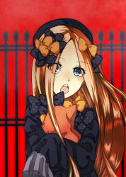 Rule 34 | 1girl, abigail williams (fate), bad id, bad pixiv id, black bow, black dress, black hat, blonde hair, blue eyes, blush, bow, chestnut mouth, commentary request, dress, eyes visible through hair, fate/grand order, fate (series), fence, forehead, hair bow, hat, head tilt, hugging object, kokuchi 45, long hair, long sleeves, looking at viewer, open mouth, orange bow, parted bangs, polka dot, polka dot bow, red background, sleeves past fingers, sleeves past wrists, solo, stuffed animal, stuffed toy, teddy bear, teeth, upper body, upper teeth only, very long hair