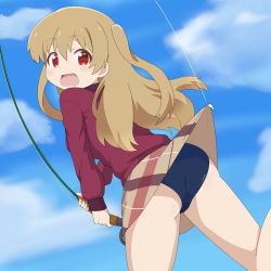 Rule 34 | 1girl, absurdres, accidental exposure, ass, blonde hair, clothes lift, day, fishing rod, gobanme no mayoi neko, highres, long hair, minagi koharu, orange eyes, outdoors, skirt, skirt lift, sky, slow loop, solo, swimsuit, swimsuit under clothes, two side up