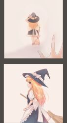 Rule 34 | 1girl, 1other, apron, blonde hair, bow, braid, broom, commentary request, from behind, hair bow, hat, hat bow, highres, holding, holding broom, kirisame marisa, long hair, nodoguro (phi-tan), open mouth, reaching, reaching towards another, side braid, single braid, solo, touhou, white bow, witch hat, yellow eyes