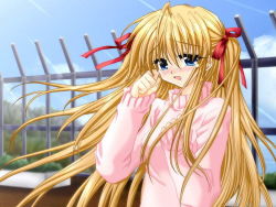 Rule 34 | blonde hair, blush, cybercat, hair ribbon, long hair, ribbon, sakurazawa izumi, solo, sweater, tears