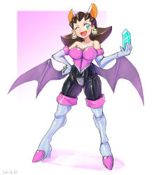 Rule 34 | 1girl, animal ears, bare shoulders, boots, breasts, brown hair, capcom, cleavage, clenched hand, collarbone, cosplay, crossover, earrings, elbow gloves, fake animal ears, gem, gloves, green eyes, hand on own hip, highres, holding, holding gem, jewelry, looking down, medium breasts, mega man (series), mega man legends (series), one eye closed, oomasa teikoku, rouge the bat, rouge the bat (cosplay), sega, short hair, skin tight, skull earrings, smile, solo, sonic (series), thigh boots, thighhighs, tron bonne (mega man), white gloves, wings