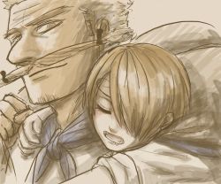 Rule 34 | 2boys, aged down, baratie, blonde hair, carrying, chef, child, east blue, facial hair, hair over one eye, hat, lynol, male focus, multiple boys, mustache, one piece, red-leg zeff, sanji (one piece), sleeping