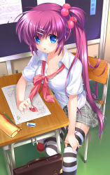 Rule 34 | 1girl, bag, blue eyes, bow, bra, breasts, chair, desk, eraser, feet out of frame, hair bobbles, hair ornament, highres, little busters!, long hair, looking at viewer, medium breasts, official style, open clothes, otou (otou san), paper, pencil case, pink bow, plaid, plaid skirt, purple hair, saigusa haruka, school bag, school desk, school uniform, shirt, short sleeves, side ponytail, sitting, skirt, solo, striped clothes, striped thighhighs, thighhighs, tombow mono, tongue, tongue out, underwear, white shirt, yellow bra