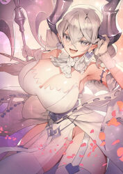Rule 34 | 1girl, absurdres, axe, bare shoulders, breasts, cleavage, commission, demon girl, demon horns, demon wings, dress, duel monster, garter straps, gloves, grey eyes, grey hair, highres, holding, holding axe, horns, large breasts, looking at viewer, lovely labrynth of the silver castle, open mouth, pixiv commission, pointy ears, ro g (oowack), smile, solo, twintails, wings, yu-gi-oh!