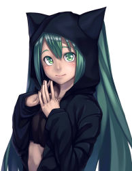 Rule 34 | 1girl, animal ears, animal hood, aqua eyes, aqua hair, cat ears, cat hood, colored eyelashes, crop top, green eyes, green hair, h kasei, hatsune miku, highres, hood, light smile, long hair, matching hair/eyes, midriff, own hands together, simple background, smile, solo, steepled fingers, twintails, upper body, vocaloid, white background