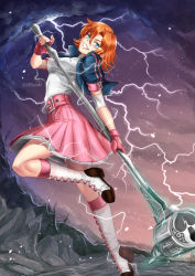 Rule 34 | 1girl, adsouto, hammer, highres, holding, holding weapon, looking at viewer, nora valkyrie, orange hair, rwby, skirt, smile, weapon