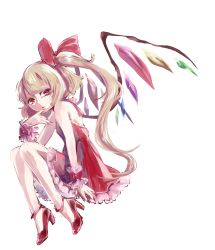 Rule 34 | 1girl, alternate costume, blonde hair, dress, female focus, finger to mouth, flandre scarlet, full body, hair ribbon, high heels, hiyosuke (ak love), long hair, no headwear, open mouth, red dress, red eyes, red skirt, ribbon, shoes, side ponytail, simple background, skirt, solo, touhou, white background, wings, wrist cuffs