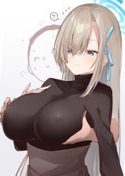 Rule 34 | 1boy, 1girl, asuna (blue archive), blonde hair, blue archive, blue eyes, breast hold, breasts, covered erect nipples, highres, large breasts, ribbed sweater, sweater, usa otome