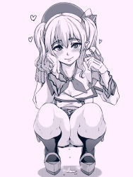 Rule 34 | 10s, 1girl, beret, blush, breasts, buttons, cleavage, double-breasted, epaulettes, gloves, hat, heart, kantai collection, kashima (kancolle), kneeling, looking at viewer, monochrome, ozawa reido, pussy juice, pussy juice puddle, smile, solo, squatting, twintails