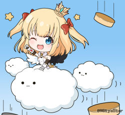 Rule 34 | 1girl, :3, ;d, asymmetrical wings, bare shoulders, black wings, blonde hair, blue background, blue eyes, bow, breasts, closed mouth, cloud, commentary request, crown, dress, gauntlets, gradient background, hair bow, looking at viewer, marl (shironeko project), mini crown, mismatched wings, mitya, motion lines, one eye closed, open mouth, red bow, shironeko project, small breasts, smile, solid circle eyes, solo, speed lines, star (symbol), tilted headwear, twitter username, two side up, washbowl, white dress, white wings, wings