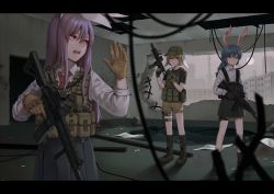 Rule 34 | 3girls, ak-74, animal ears, assault rifle, baseball cap, blonde hair, blue hair, blurry, blurry foreground, boots, braid, commentary, dango, english commentary, eyebrows hidden by hair, food, foregrip, gloves, gun, hair between eyes, hat, highres, holding, holding gun, holding weapon, indoors, kalashnikov rifle, letterboxed, load bearing vest, long hair, multiple girls, necktie, bulletproof vest, pleated skirt, purple hair, rabbit ears, red eyes, reiji-rj, reisen udongein inaba, rifle, ringo (touhou), ruins, seiran (touhou), short hair, short shorts, shorts, skirt, touhou, wagashi, weapon, weapon request