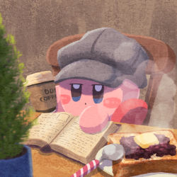 Rule 34 | book, bread slice, butter, coffee, coffee cup, cup, disposable cup, food, hat, highres, holding, holding cup, kirby, kirby (series), miclot, nintendo, no humans, plant, potted plant, reading, restaurant, sitting, solo, steam, table, toast