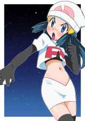 Rule 34 | 1girl, :o, beanie, blue eyes, blue hair, blush, boots, border, clenched hand, commentary request, cosplay, creatures (company), dawn (pokemon), elbow gloves, eyelashes, game freak, gloves, hainchu, hair ornament, hairclip, hat, highres, holding, holding poke ball, jacket, jessie (pokemon), jessie (pokemon) (cosplay), logo, long hair, looking to the side, navel, nintendo, open mouth, outline, poke ball, pokemon, pokemon (anime), pokemon dppt (anime), sidelocks, skirt, solo, team rocket, team rocket uniform, thigh boots, thighhighs, tongue, v-shaped eyebrows, white border, white hat, white jacket, white skirt