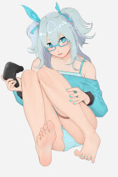 Rule 34 | 1girl, absurdres, barefoot, blue eyes, controller, feet, game controller, girls&#039; frontline, glasses, highres, long hair, looking at viewer, pa-15 (girls&#039; frontline), panties, parted lips, soles, toes, twintails, underwear