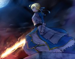 Rule 34 | 1girl, ahoge, armor, artoria pendragon (fate), blonde hair, blue eyes, fate/stay night, fate (series), flaming sword, flaming weapon, full moon, gauntlets, hair ribbon, moon, night, profile, ribbon, saber (fate), solo, standing, sword, tera l, weapon