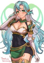 Rule 34 | 1girl, aqua hair, armor, bow, braid, breasts, chloe (fire emblem), cleavage, commission, covered navel, dress, earrings, elbow gloves, fire emblem, fire emblem engage, garter straps, gloves, green eyes, hair bow, hand in own hair, highres, jewelry, large breasts, long hair, looking at viewer, nintendo, orange bow, pelvic curtain, r123, short dress, shoulder armor, side braid, smile, solo, thighhighs, very long hair, white gloves, zettai ryouiki