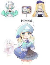 Rule 34 | 4girls, absurdres, beret, black skirt, blonde hair, blush, dokibird (vtuber), frilled skirt, frills, green eyes, green hat, green sleeves, hat, highres, if they mated, indie virtual youtuber, kvxart, long hair, looking at viewer, maid, medium hair, mint fantome, multiple girls, open mouth, skirt, sleeves past fingers, sleeves past wrists, smile, two side up, virtual youtuber, white background