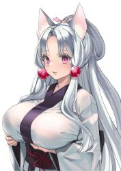 Rule 34 | 1girl, akahara tyun, animal ear fluff, animal ears, beads, breast lift, breasts, covered erect nipples, fox ears, grey hair, hair beads, hair ornament, japanese clothes, kimono, large breasts, long hair, long sleeves, obi, parted bangs, parted lips, ponytail, purple eyes, sash, sidelocks, slit pupils, solo, touhoku itako, upper body, very long hair, voiceroid, white kimono, wide sleeves