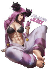 Rule 34 | 1girl, abs, absurdres, barefoot, black bra, black hair, black nails, bra, breasts, candy, cellphone, character name, cosplay, food, han juri, highres, hood, hood up, kigurumi, large breasts, lollipop, medium breasts, monori rogue, multicolored hair, muscular, muscular female, nail polish, navel, official alternate costume, official alternate hairstyle, pajamas, phone, pink pajamas, purple hair, simple background, sitting, smartphone, smartphone case, smile, solo, stomach, streaked hair, street fighter, street fighter 6, toenail polish, toenails, twintails, underwear, unzipped, zipper pull tab