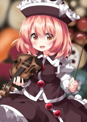 Rule 34 | 1girl, aki minoriko, black headwear, black skirt, black vest, blonde hair, blush, bow (music), collared vest, commentary request, cosplay, frilled hat, frilled skirt, frills, hat, highres, holding, holding instrument, holding violin, instrument, lunasa prismriver, lunasa prismriver (cosplay), medium hair, one-hour drawing challenge, open mouth, pointy hat, red button, ruu (tksymkw), shirt, skirt, sweatdrop, touhou, vest, violin, white shirt, yellow eyes