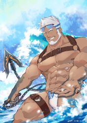 Rule 34 | 1boy, abs, absurdres, aegir (housamo), aegir (swimsuit) (housamo), bara, beard, blue eyes, bulge, chest harness, dark-skinned male, dark skin, earrings, facial hair, harness, highres, hook, icelernd, jewelry, large pectorals, looking at viewer, male focus, muscular, nipples, pectorals, smile, solo, thick thighs, thighs, tokyo houkago summoners, white hair