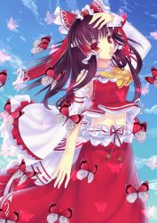 Rule 34 | 1girl, bad id, bad pixiv id, blush, bow, brown hair, bug, butterfly, cloud, day, detached sleeves, female focus, hair bow, hair tubes, hakurei reimu, highres, bug, long hair, navel, open mouth, red eyes, sky, solo, touhou, wide sleeves, xiaoai, yellow eyes